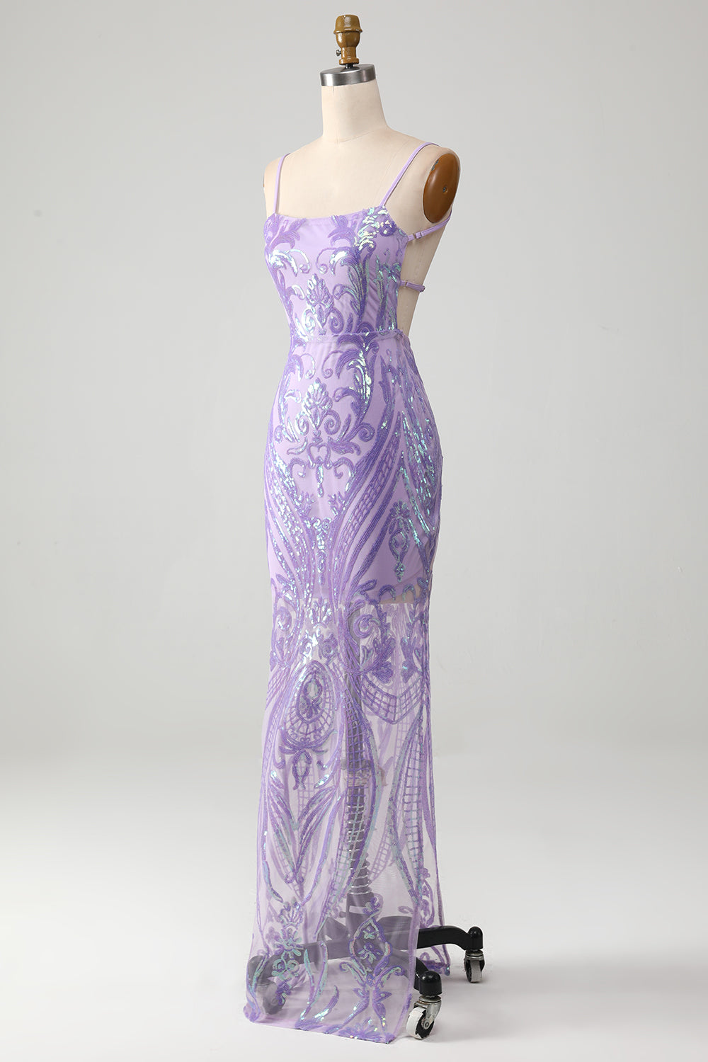 Light Purple Spaghetti Straps Sparkly Sequin Backless Prom Dress Beautiful Long