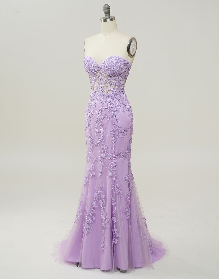 Lilac Mermaid Corset Back Long Prom Dress With Appliques Charming Evening Dress