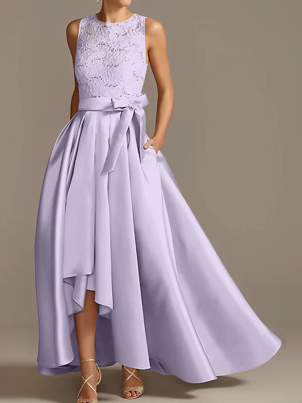 A-line/Princess collar sleeveless pleated lace mother of the bride dress Evening Dresses With Bow
