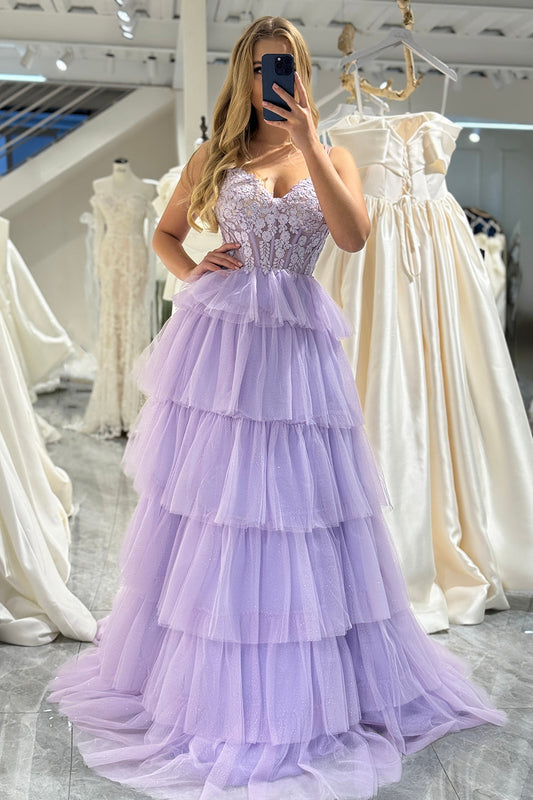 Lilac Tulle A Line Corset Tiered Long Prom Dress With Appliques Floor Length Sexy