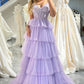 Lilac Tulle A Line Corset Tiered Long Prom Dress With Appliques Floor Length Sexy