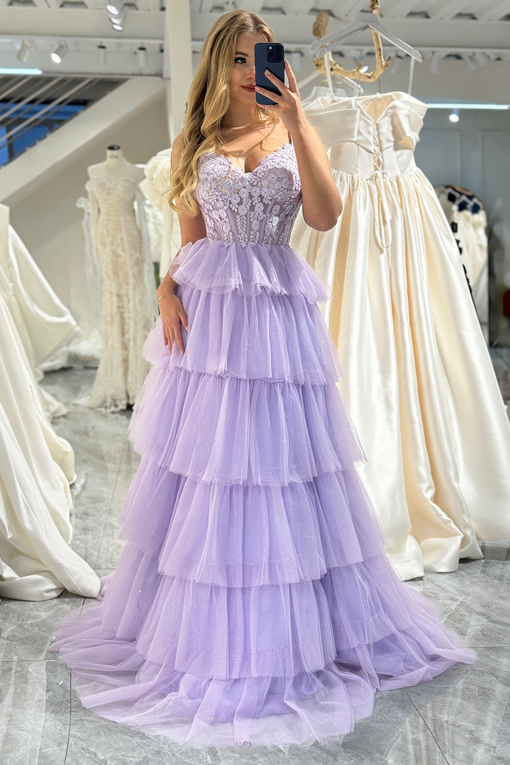 Lilac Tulle A Line Corset Tiered Long Prom Dress With Appliques Floor Length Sexy