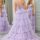 Lilac Tulle A Line Corset Tiered Long Prom Dress With Appliques Floor Length Sexy