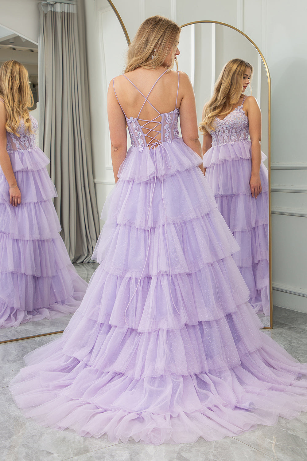 Lilac Tulle A Line Corset Tiered Long Prom Dress With Appliques Floor Length Sexy