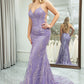 Lilac Mermaid Spaghetti Straps Glitter Sequins Long Prom Dress V-neck Sexy