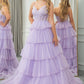 Lilac Tulle A Line Corset Tiered Long Prom Dress With Appliques Floor Length Sexy