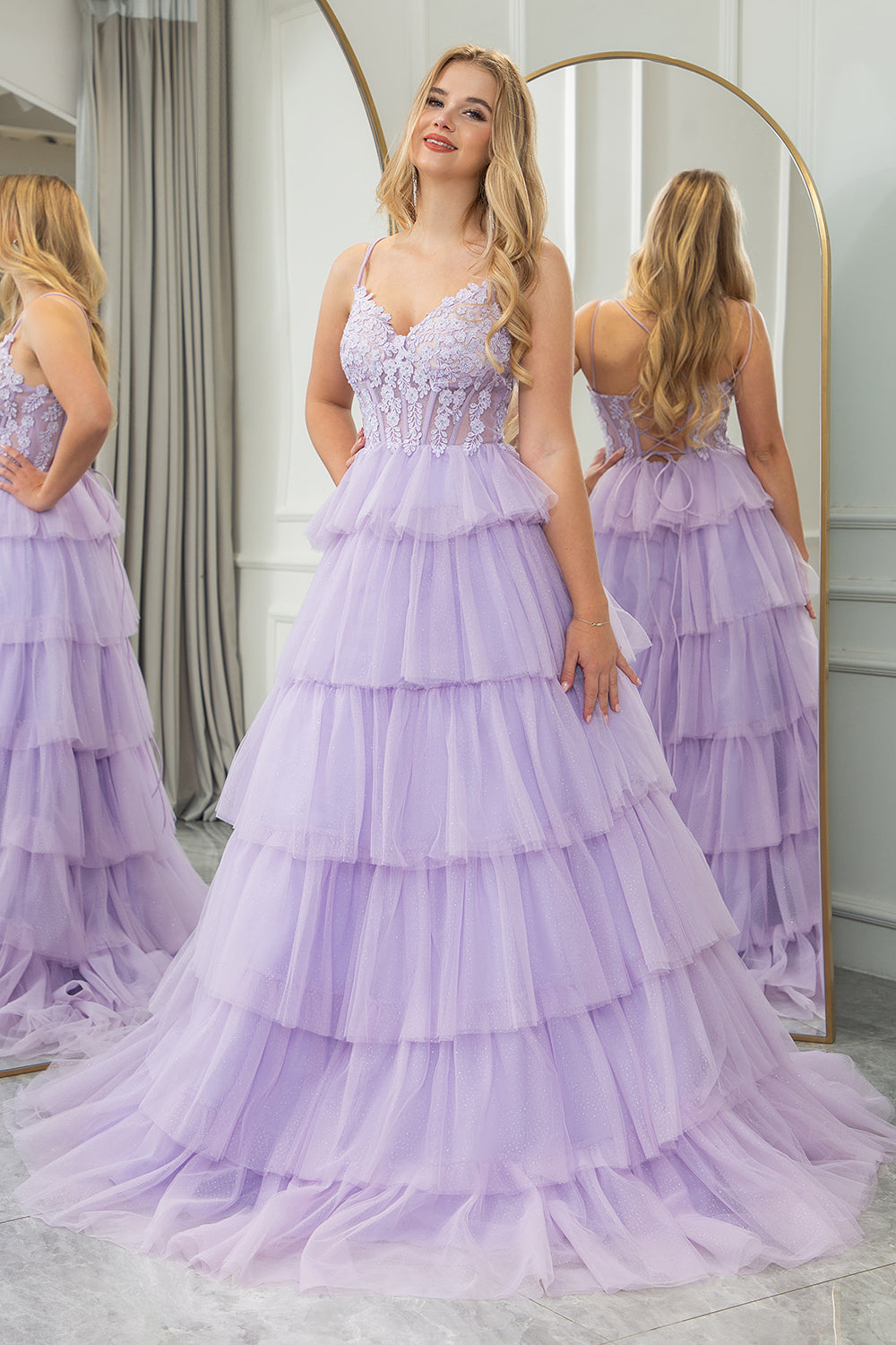 Lilac Tulle A Line Corset Tiered Long Prom Dress With Appliques Floor Length Sexy