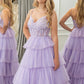 Lilac Tulle A Line Corset Tiered Long Prom Dress With Appliques Floor Length Sexy