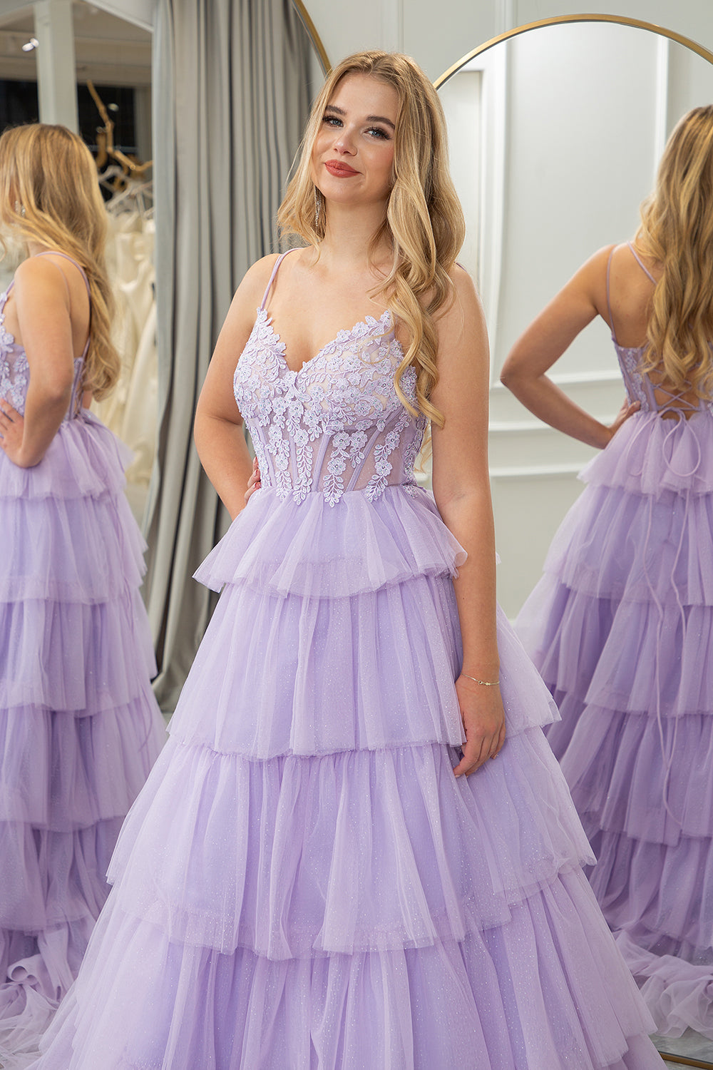 Lilac Tulle A Line Corset Tiered Long Prom Dress With Appliques Floor Length Sexy