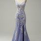 Blue Mermaid Spaghetti Straps Long Prom Dress with Appliques Beading Beautiful