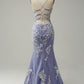 Blue Mermaid Spaghetti Straps Long Prom Dress with Appliques Beading Beautiful