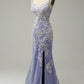 Blue Mermaid Spaghetti Straps Long Prom Dress with Appliques Beading Beautiful