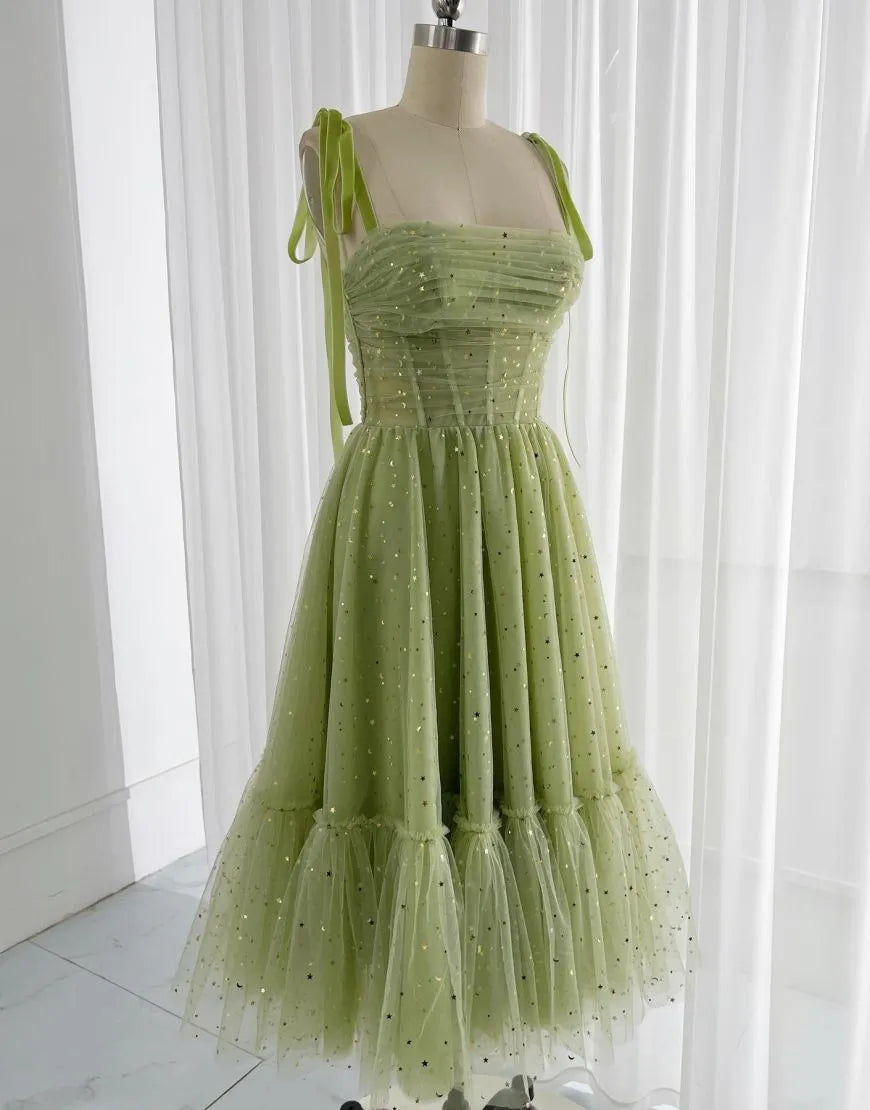 Tie Straps Knee Length Tulle Glitter Party Dress Sparkly