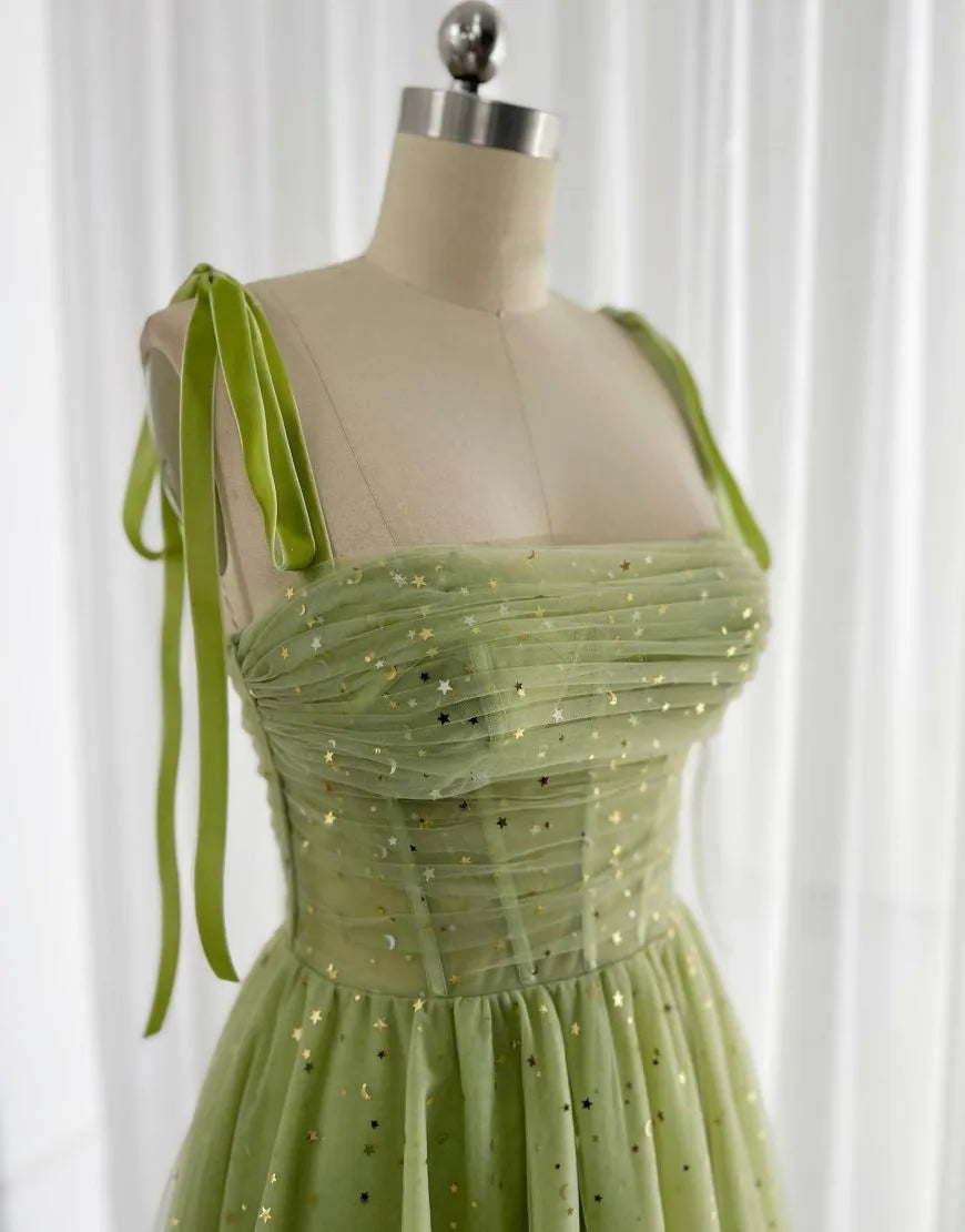 Tie Straps Knee Length Tulle Glitter Party Dress Sparkly