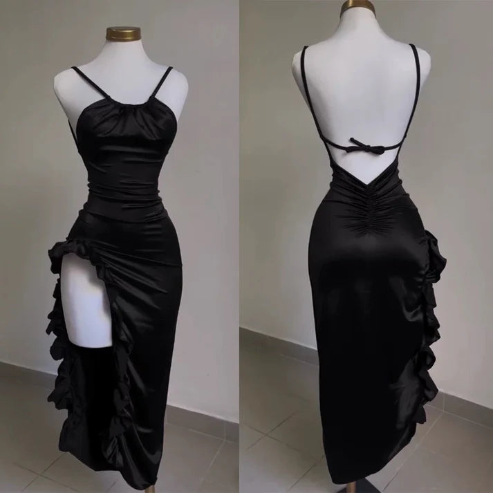 Lovely Sheath Sleeveless Black Satin Formal Prom Dress With Slit Simple Party Evening Gown Cute Graduation Dress