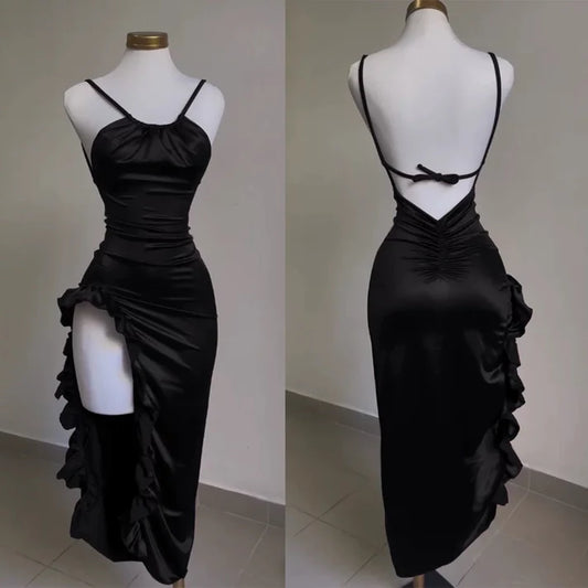 Lovely Sheath Sleeveless Black Satin Formal Prom Dress With Slit Simple Party Evening Gown Cute Graduation Dress