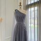 Luxury One Shoulder Tulle Beaded Slit Prom Dress with Cape Sparkly Evening Dresses