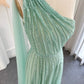 Luxury One Shoulder Tulle Beaded Slit Prom Dress with Cape Sparkly Evening Dresses