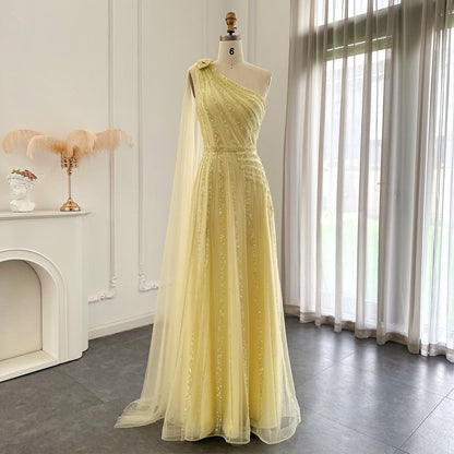 Luxury One Shoulder Tulle Beaded Slit Prom Dress with Cape Sparkly Evening Dresses