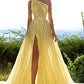 Luxury One Shoulder Tulle Beaded Slit Prom Dress with Cape Sparkly Evening Dresses