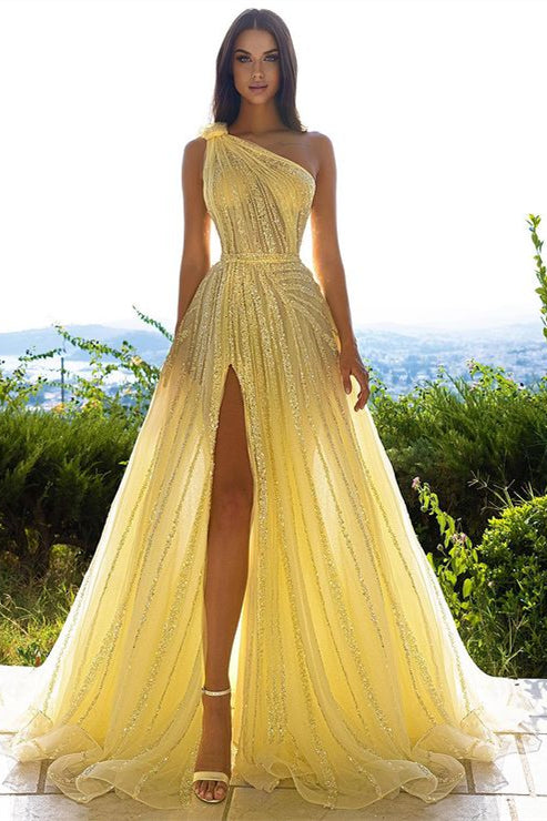 Luxury One Shoulder Tulle Beaded Slit Prom Dress with Cape Sparkly Evening Dresses