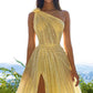 Luxury One Shoulder Tulle Beaded Slit Prom Dress with Cape Sparkly Evening Dresses