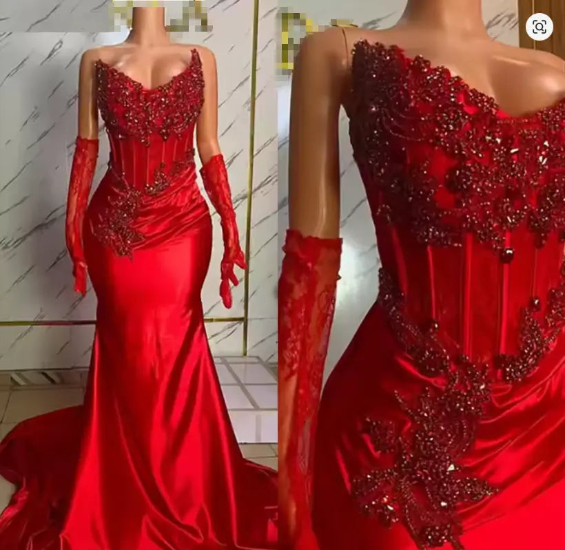 Luxury Mermaid Strapless Beaded Long Formal Prom Dresses Sleeveless Sexy Party Evening Gowns For Black Grils No With Gloves