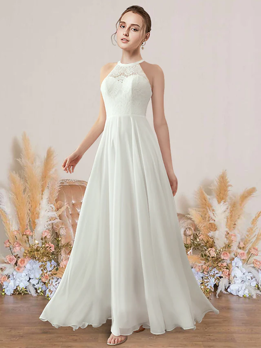 A-Line Wedding Dresses Jewel Neck Floor Length Chiffon Lace Sleeveless Romance Beach with Pleats Beautiful