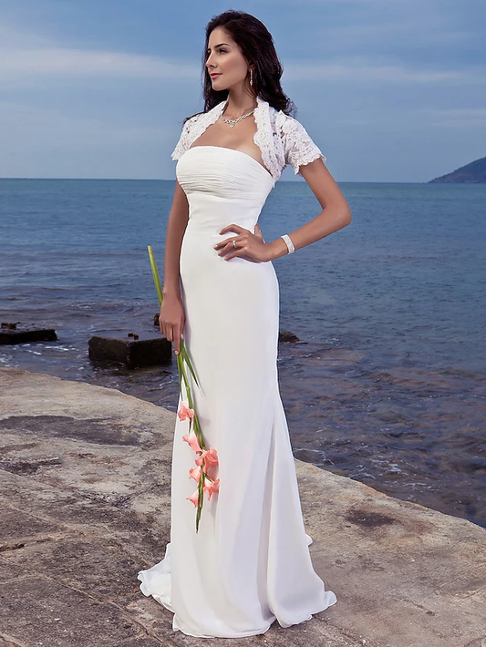 Long Wedding Dresses Strapless Chiffon Short Sleeve Vintage Separate Bodies