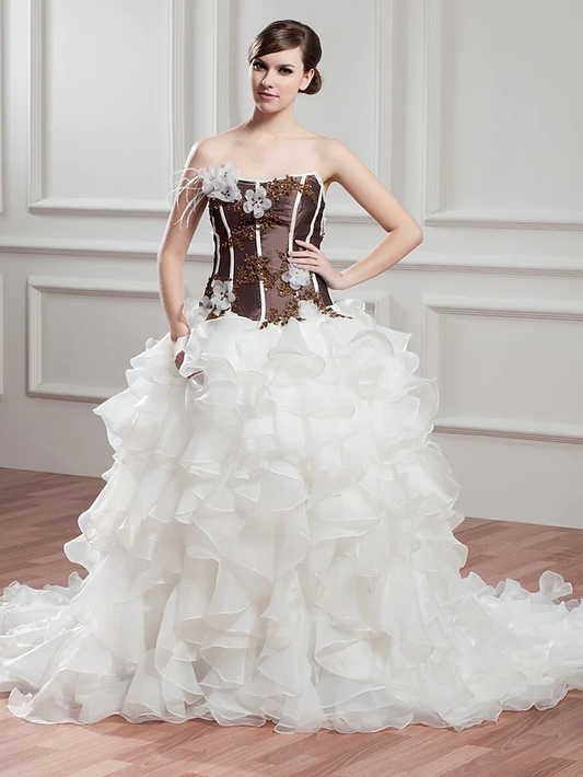 A-Line Wedding Dresses Strapless Chapel Train Lace Organza Satin Strapless with Beading Appliques Cascading