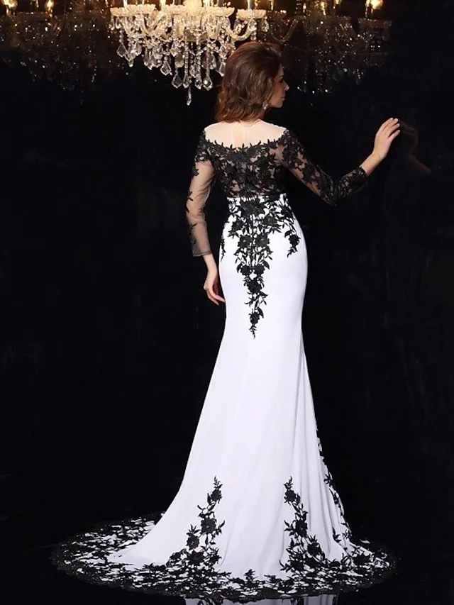 Wedding Dresses Bateau Neck Lace Tulle Lace Over Satin Long Sleeve Sexy Black Illusion Sleeve