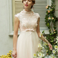 A-Line Wedding Dresses High Neck Sweep Brush Train Tulle Short Sleeve Open Back with Bowknot Sash Ribbon