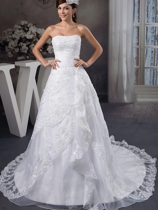 A-Line Wedding Dresses Strapless Chapel Train Lace Organza Satin Strapless with Beading Appliques Cascading