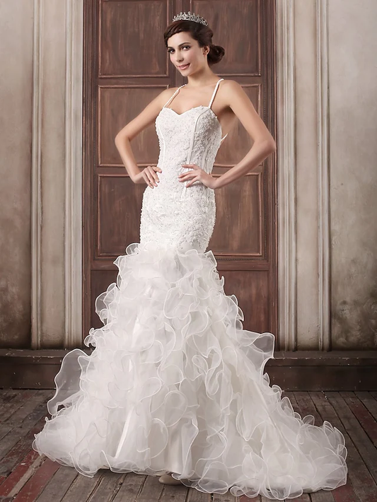 Wedding Dresses Sweetheart Neckline Court Train Lace Organza Satin Spaghetti Strap Sexy Illusion Detail Backless with Beading Appliques