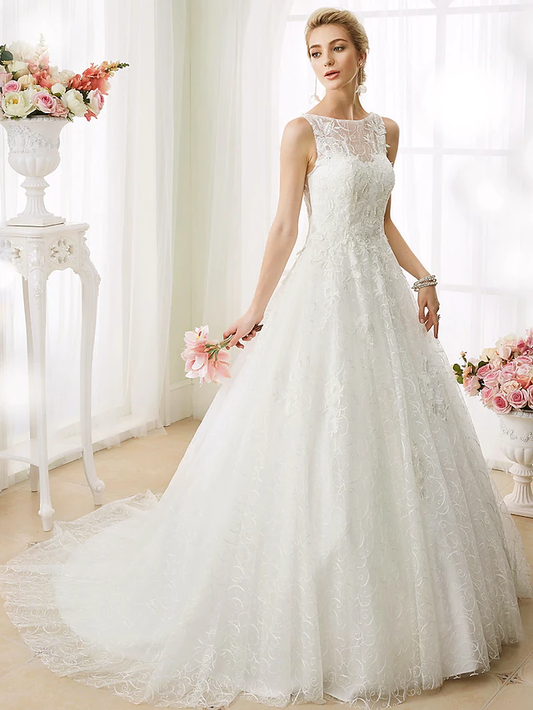 Ball Gown Wedding Dresses Bateau Neck Court Train Beaded Lace Regular Straps See-Through Beautiful Back with Beading