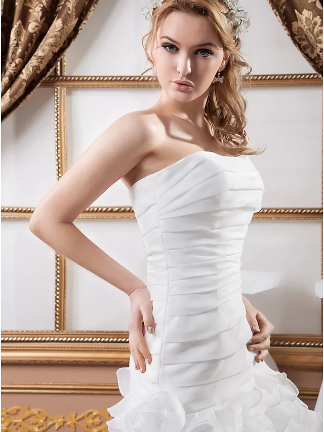 A-Line Wedding Dresses Strapless Floor Length Organza Satin Strapless with Ruched Cascading