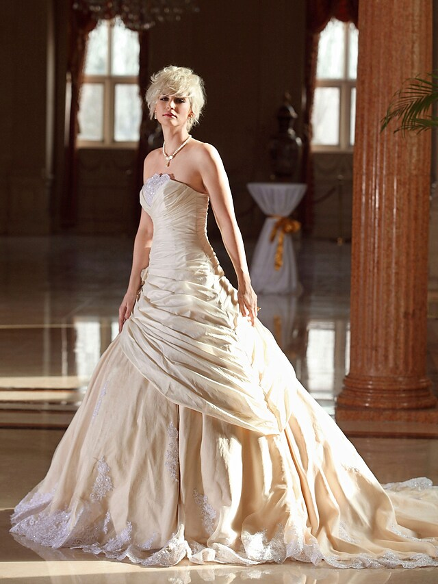 A-Line Wedding Dresses Strapless Cathedral Train Taffeta Beaded Lace Strapless Glamorous Plus Size with Beading Lace Insert