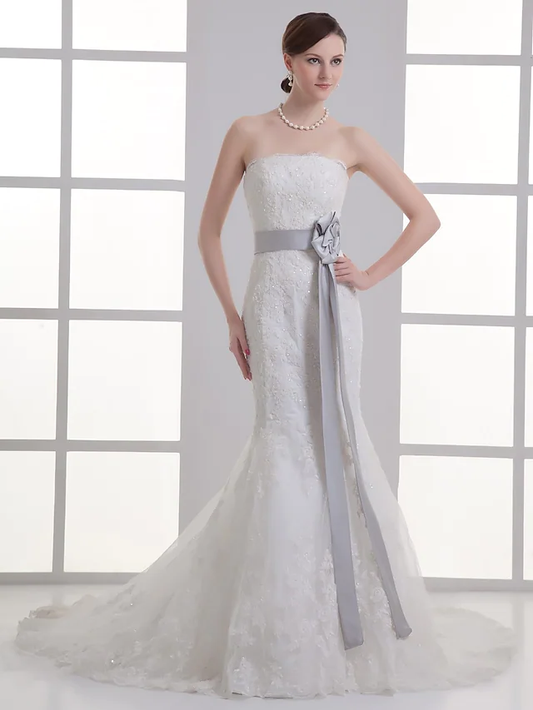 Wedding Dresses Strapless Chapel Train Lace Satin Strapless with Sashes Ribbons Bow(s)