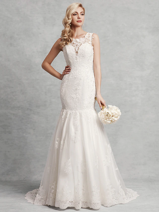 Wedding Dresses Scoop Neck Court Train Lace Satin Tulle Regular Straps Beautiful Back with Lace