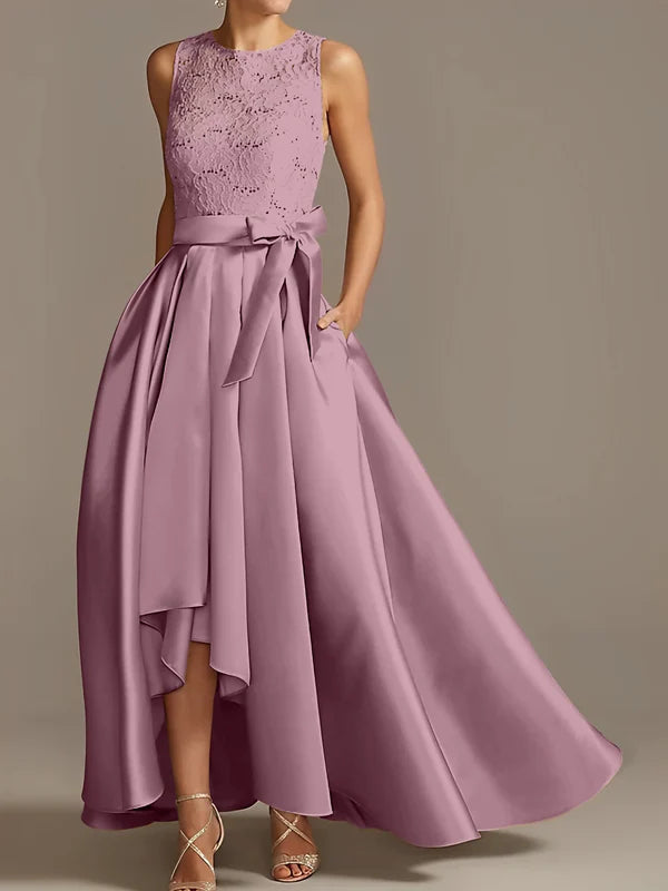A-line/Princess collar sleeveless pleated lace mother of the bride dress Evening Dresses With Bow