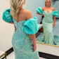 Mermaid Off The Shoulder Sweetheart Puff Sleeves Sequins Long Prom Dress Sparkly Evening Dresses
