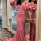Mermaid Off The Shoulder Sweetheart Puff Sleeves Sequins Long Prom Dress Sparkly Evening Dresses