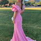Mermaid Off The Shoulder Sweetheart Puff Sleeves Sequins Long Prom Dress Sparkly Evening Dresses