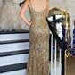 Mermaid Straps Gold Sequin Square Neck Backless Long Prom Dress with Slit Sparkly