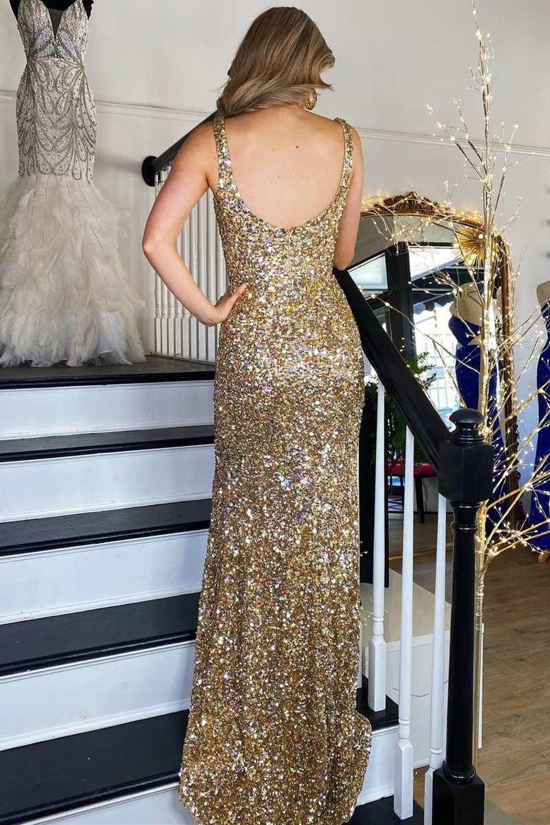 Mermaid Straps Gold Sequin Square Neck Backless Long Prom Dress with Slit Sparkly