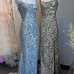 Mermaid Straps Gold Sequin Square Neck Backless Long Prom Dress with Slit Sparkly