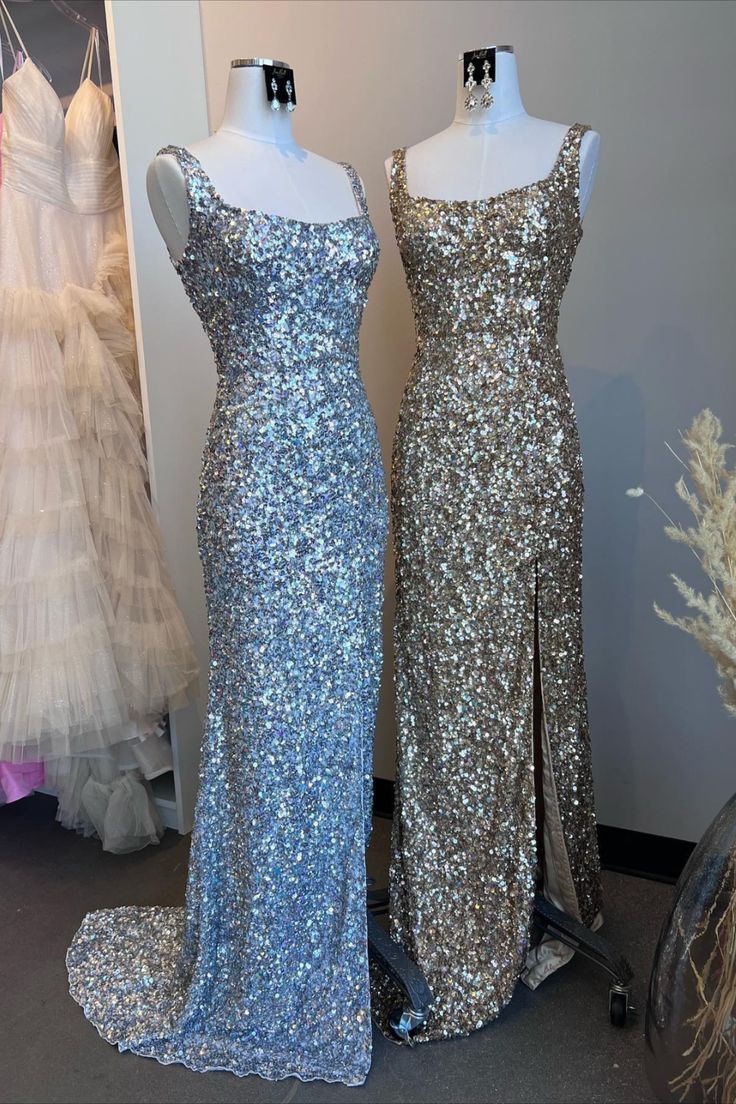 Mermaid Straps Gold Sequin Square Neck Backless Long Prom Dress with Slit Sparkly