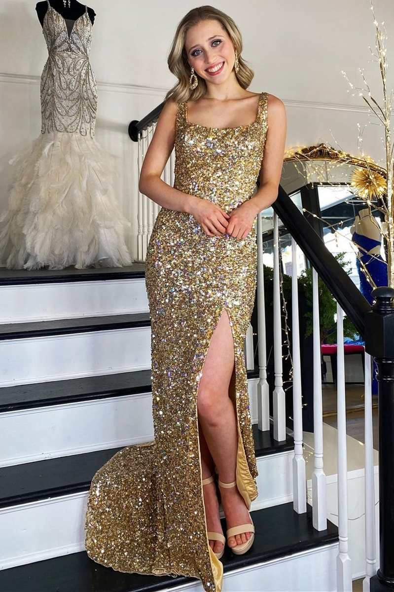 Mermaid Straps Gold Sequin Square Neck Backless Long Prom Dress with Slit Sparkly