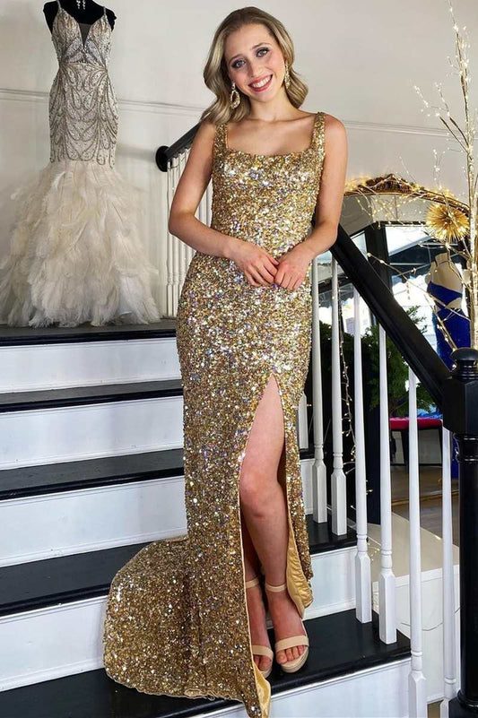 Mermaid Straps Gold Sequin Square Neck Backless Long Prom Dress with Slit Sparkly