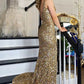 Mermaid Straps Gold Sequin Square Neck Backless Long Prom Dress with Slit Sparkly